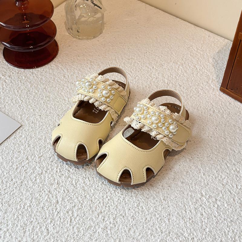 Girls' new summer princess shoes, Korean-style closed-toe sandals, soft-soled, non-slip, fashionable and versatile single shoes with pearls
