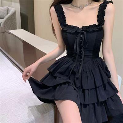 Gothic Black Sexy Slip Dress Harajuku Streetwear Punk Lace Up Cake Dress Female Summer Korean Fashion Party Ruffles Dresses