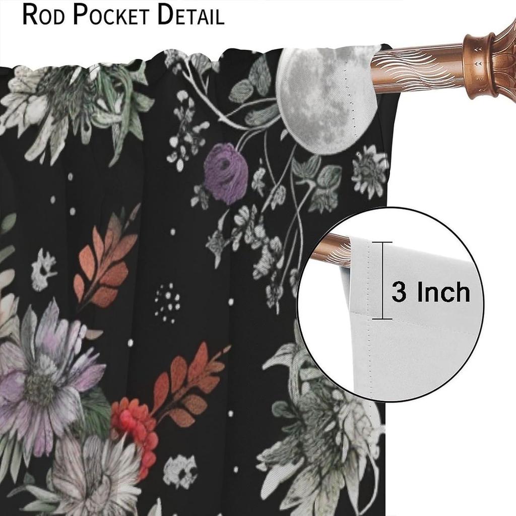 Bohemian Moon Flower Curtains Rustic Farmhouse Plant Floral Natural Print Window Drapes Bedroom Living Room Curtain Darkening Polyester Ideal For Area