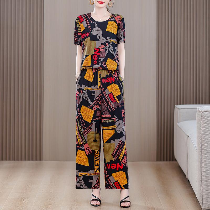 Summer Sets for Women 2 Pieces Plus Size Loose Elegant High Waist Pants Sets Vintage Middle Aged Women's Clothing