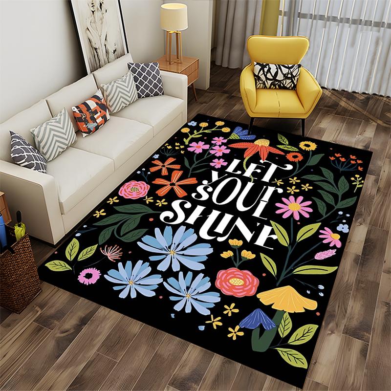 Floral Black Carpet with "Let Your Soul Shine" Text Design Suitable for Use As an Anti-slip for Living Room Bedroom Sofas