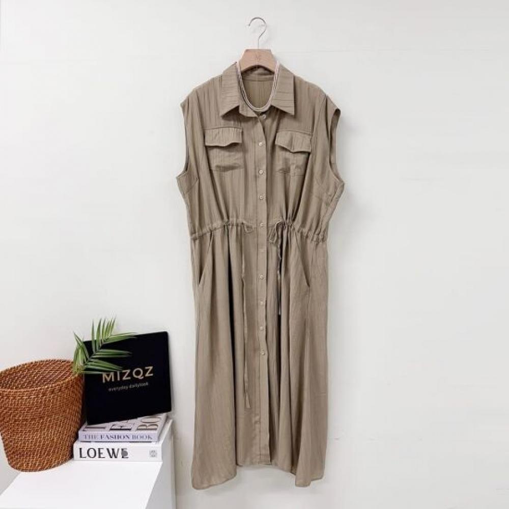 Mizqz Women Kara Two Pocket String Button Sleeveless Shirt Dress Big Size