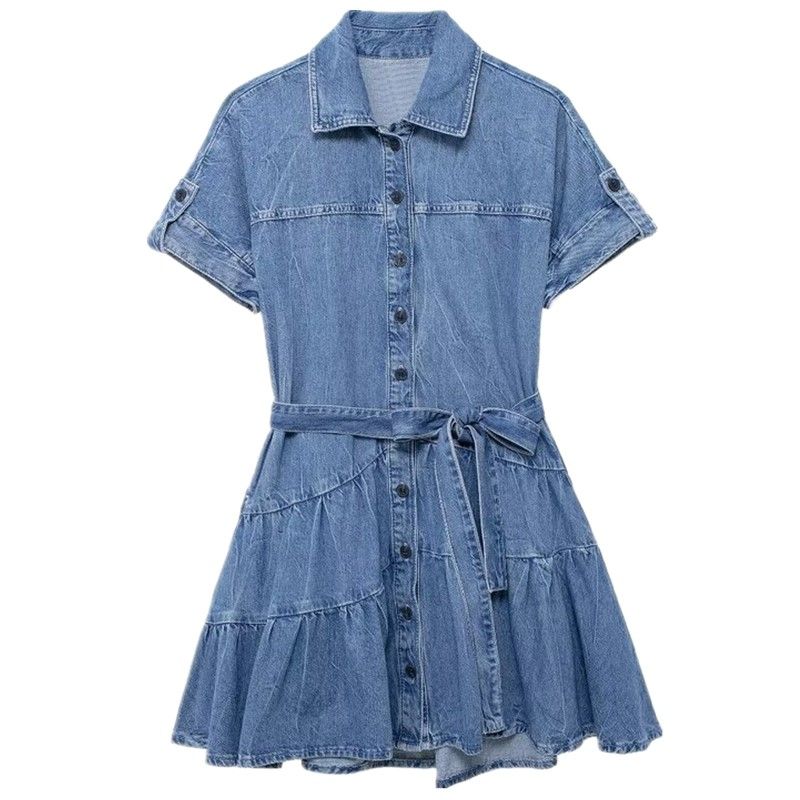 24 Summer New Arrival Women's Rollneck Short-Sleeve Shirt Single-Breasted with Waistband Loose Denim Short Dress 2553046