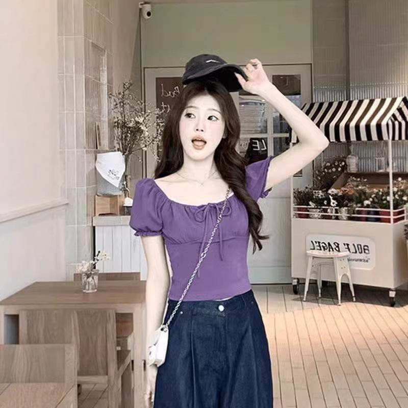 Design sense niche square neck bubble short-sleeved t-shirt women's summer Korean new Spice Girl unique chic short top