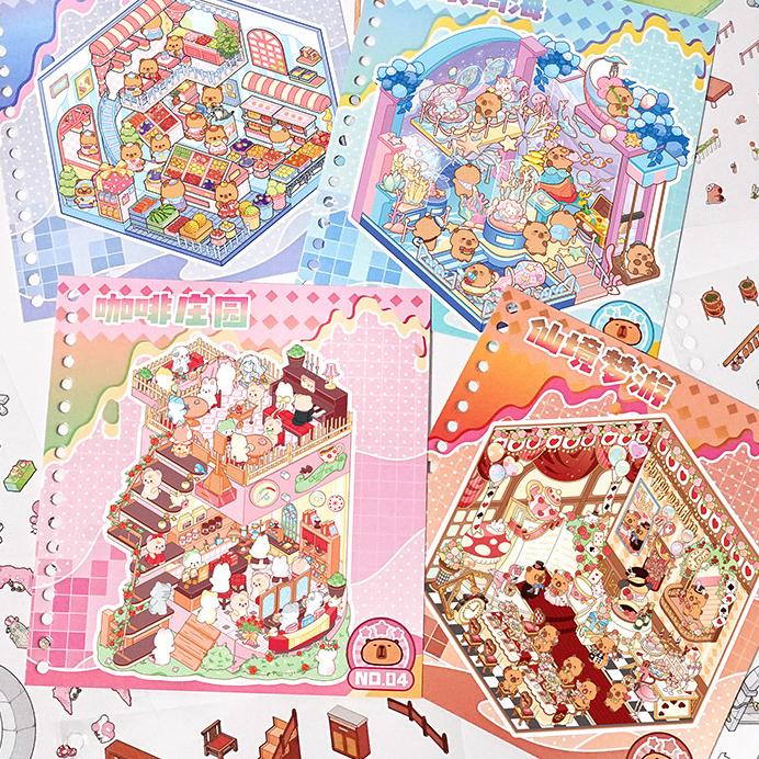 Sevimli 3 Boyutlu Çizgi Film Kapibara Çıkartma Kitabı Kendin Yap Manzara Çıkartmaları Kulübe Manzarası Çıkartma Kombinasyon Kitap Seti Oyun Kitapları Festival Hediyeleri