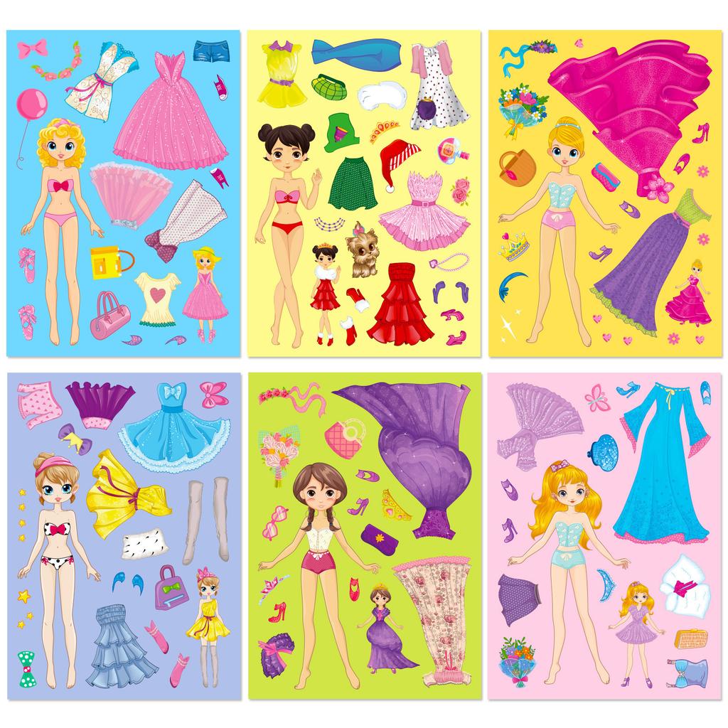 6 Photos/pack of Pink Princess Face Change Stickers Little Girl Cartoon Cute DIY Princess Make A Face Puzzle Stickers