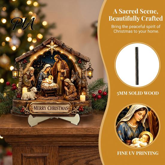 Stable Standing Manger Art Nativity Scene Wooden Tabletop Sign, Christmas Holy Family Figurine Decor, Exquisite Christian Gift for Religious