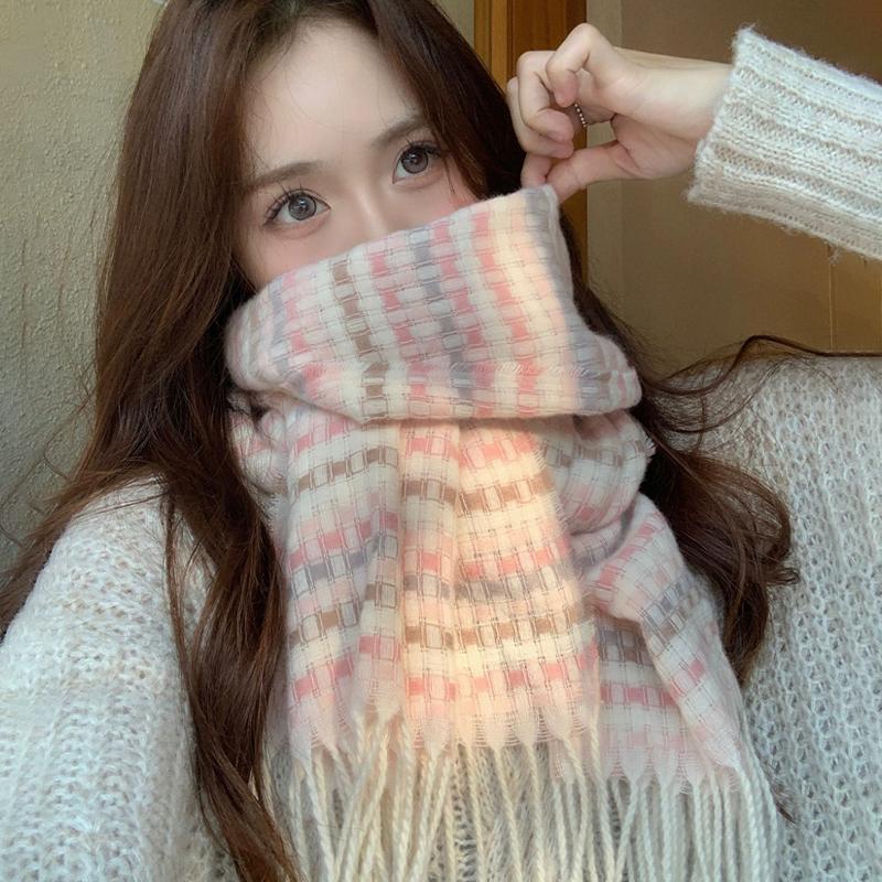 1pc 2025 Autumn And Winter New Scarf Women's Korean Style All-match Plaid Tassel Student Warm Neck Scarf