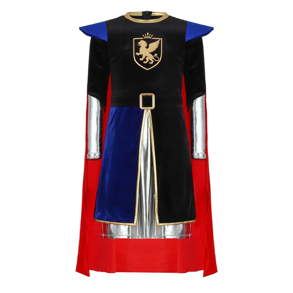 Jungen Ritterkostüm Metallischer Glanz Patchwork-Oberteil Hinten Unsichtbarer Reißverschluss Langarm Abnehmbarer Umhang Cosplay Outfit