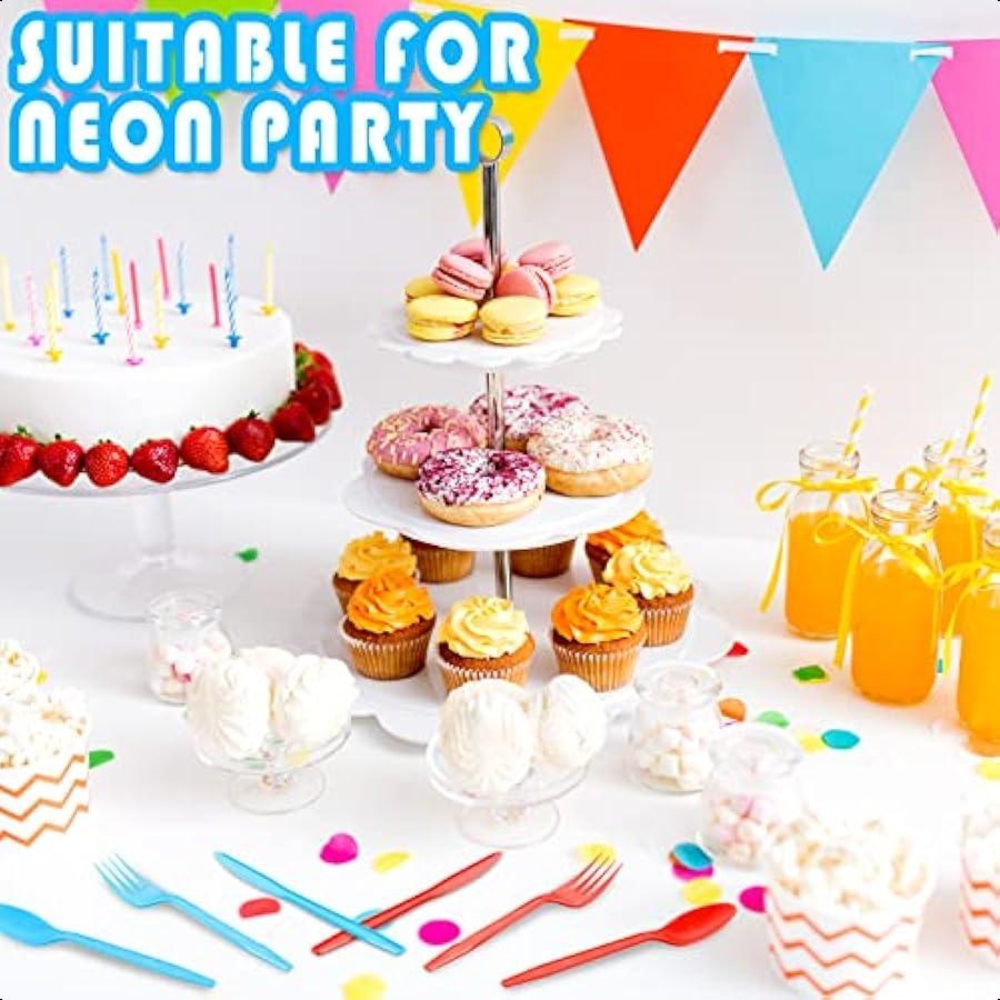 180 Pcs Neon Party Plastic Cutlery Set Includes Forks Spoons Knives Disposable Neon Silverware Sets for Parties 6 Colors