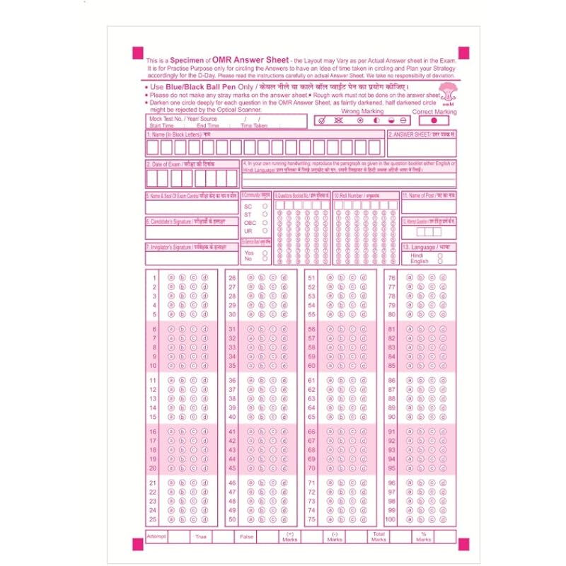 amblitz OMR Sheet |100 MCQ's | 100 Loose Sheets | OMR Sheet for Practice | A4 Size - 70 GSM Thick Paper | Answer Sheet f