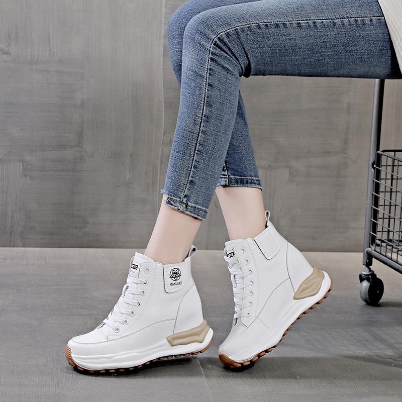 Damenschuhe Leder Herbst neu Muffin Einzelschuhe vielseitig High Heel dicke Sohle Innenhöhe erhöht lässige High Top Schuhe Stiefeletten
