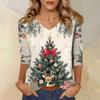 Women's Fashion Casual V Neck 3/4 Sleeve Loose  Printed T-Shirt Ladies Top