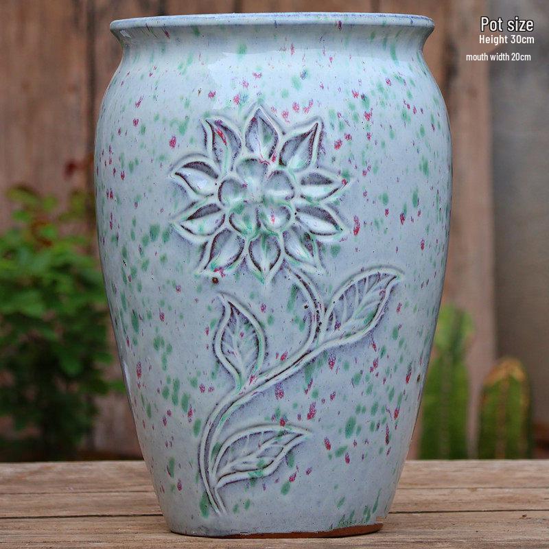 Handmade Embossed Rose Ceramic Succulent Pot, Tall Breathable Coarse Pottery, Large Mouth Plant Pot with Flower Design.