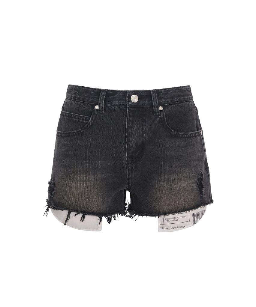 Sekeondeusolteu Layered Damaged Washed Denim Shorts (Raw Black)