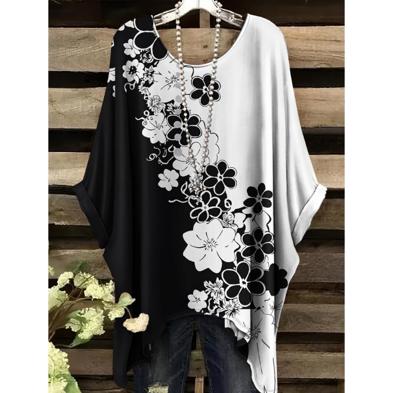 Camiseta Bohemia Elegante de Dos Tonos para Mujer de Verano - Estampado Floral de Corazón con Mariposa Cuello Redondo Blusa Casual Amantes del Boho 2025