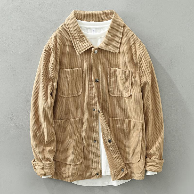 

Мужская рубашка в японском ретро-стиле с вафельной текстурой, с длинным рукавом, рабочая XXL хаки