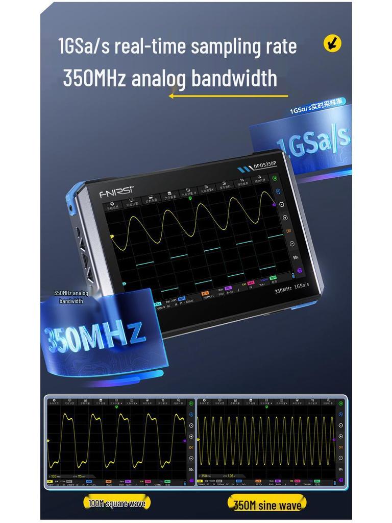 Tabletă FNIRSI DPOS350P 4-în-1: Osciloscop 350M, Generator de Semnal, Analizor de Spectru, Contor de Frecvență