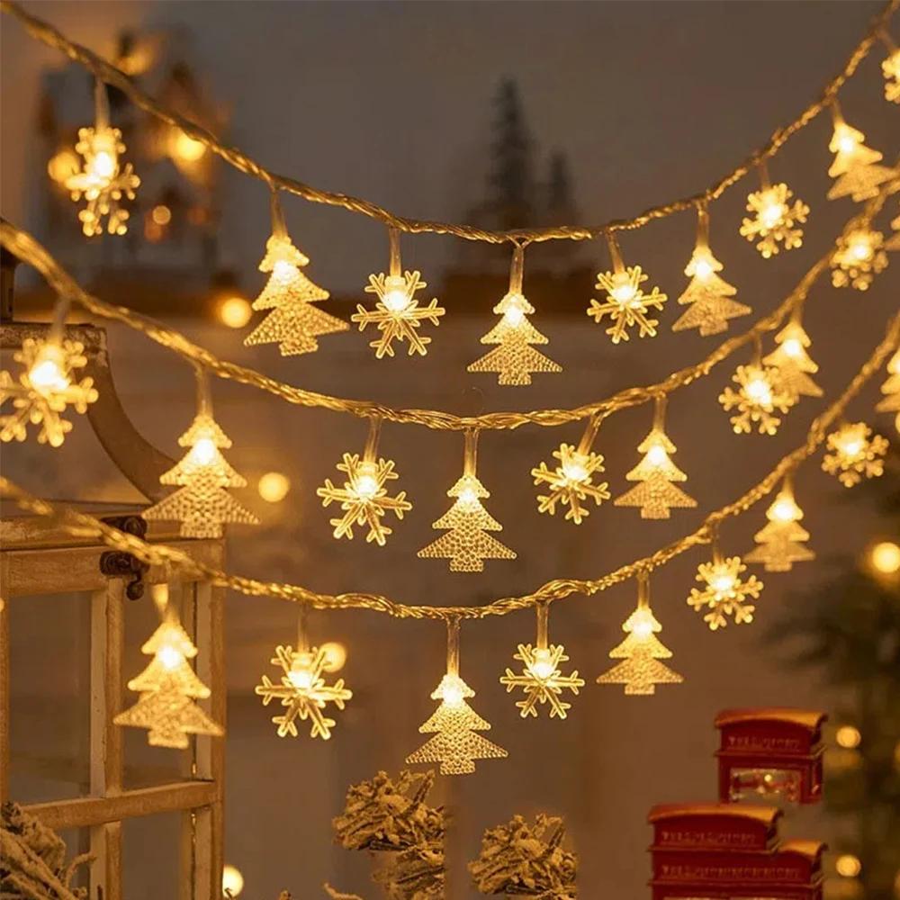 Christmas String Lights LED Acrylic Clear Star Snowflake Xmas Tree Long Lamp Strings Light Hanging Ornaments Home Party Decor