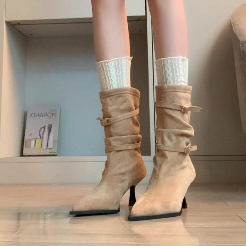 

Модные туфли на высоком каблуке с пряжкой, короткие ботинки для женской моды, туфли с острым носком, элегантная замша, новая зимняя обувь 2025 года, туфли-лодочки для платья, ботильоны 39