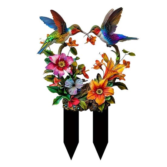 Hummingbird Flowers Garden Stake, Flower Wreath Colorful Bird Yard Art Stake, Waterproof Outdoor Hummingbird Decoration for Lawn Yard Flower Bed