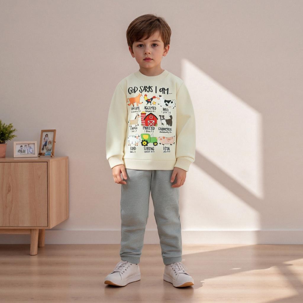 Toddler Boy Fall Outfits Animal Print Long Sleeve Round Neck Pullover Elastic Waist Solid Pants 2 Pcs Set