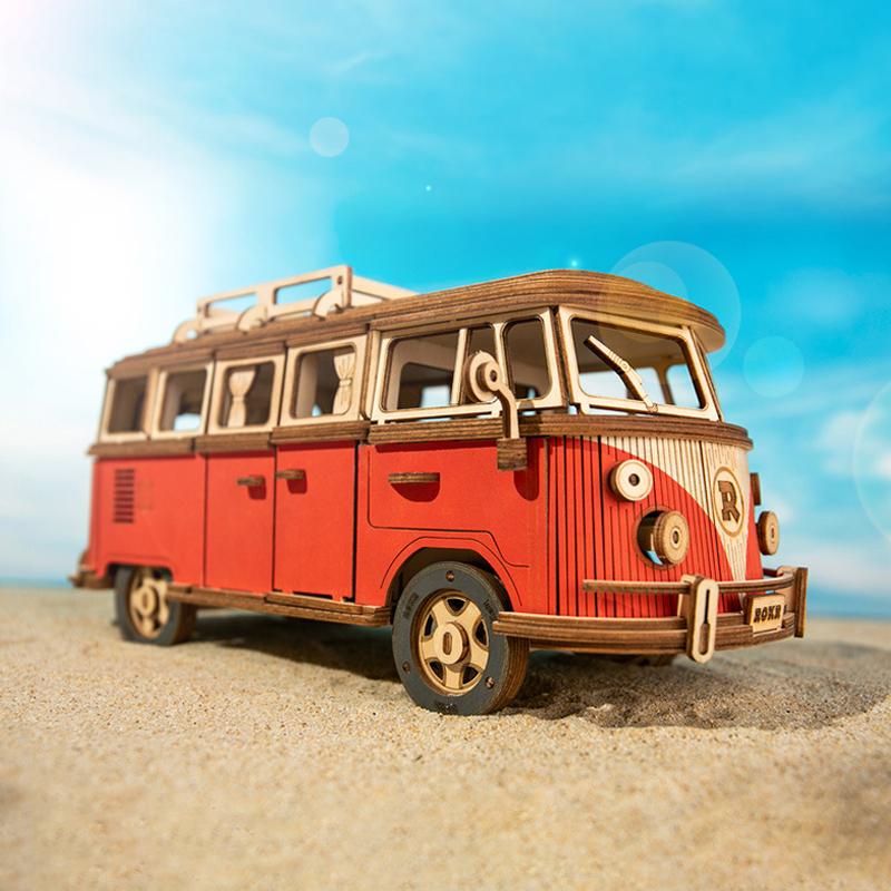 Retro Autobus Kamper w Stylu Europejskim Drewniana Układanka Samochodzik 3D Model DIY Rozwijanie Zdolności Manualnych Układanki Dla Dzieci