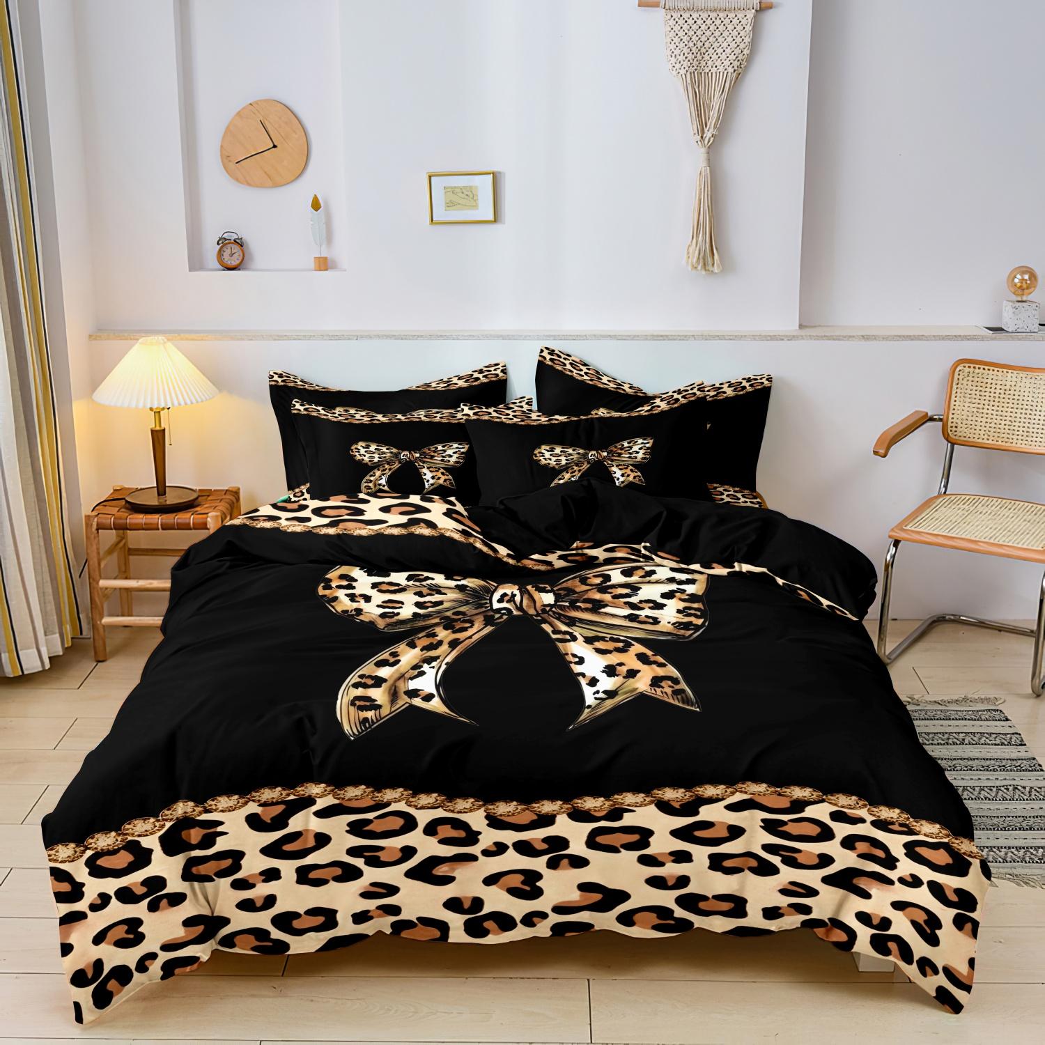 

3pcs Bedding Set Featuring Simple Design with Large Bow And Leopard Print Digital Print Duvet Cover Not Include Duvet Or Pillows EU Single-135x200cm&set