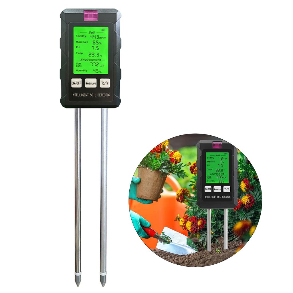 6-in-1 Intelligent Soil Tester with Dual Probe Digital Backlit Display Screen Temperature Humidity