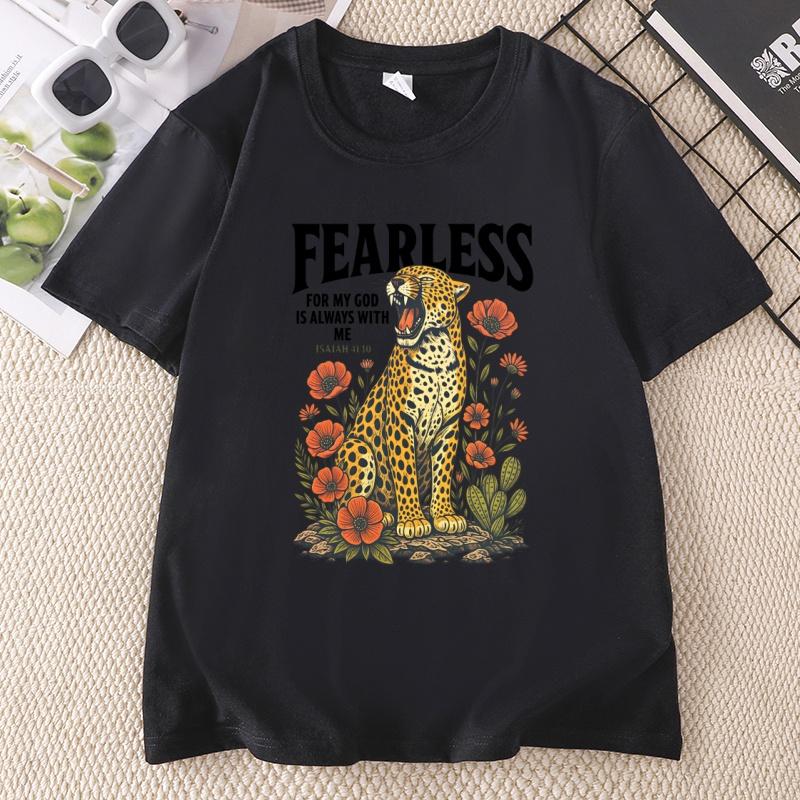 Fearless Leopard Graphic T Shirts Unisex Fearless for My God Is Always with Me TShirt Bible Verse Floral Religious Tee Shirt