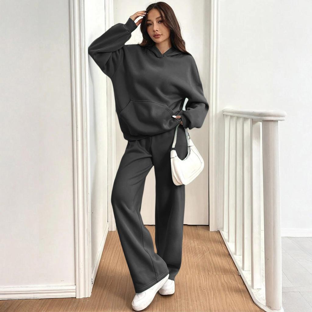 Women two piece loungewear set long sleeve hooded sweatshirt and wide leg drawstring pants casual matching tracksuit outfit