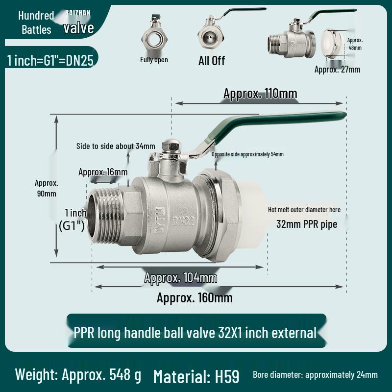 Mosiężny zawór kulowy z gwintem zewnętrznym PPR do domowej instalacji wodnej (4, 6 Punktów, 1 Cal)