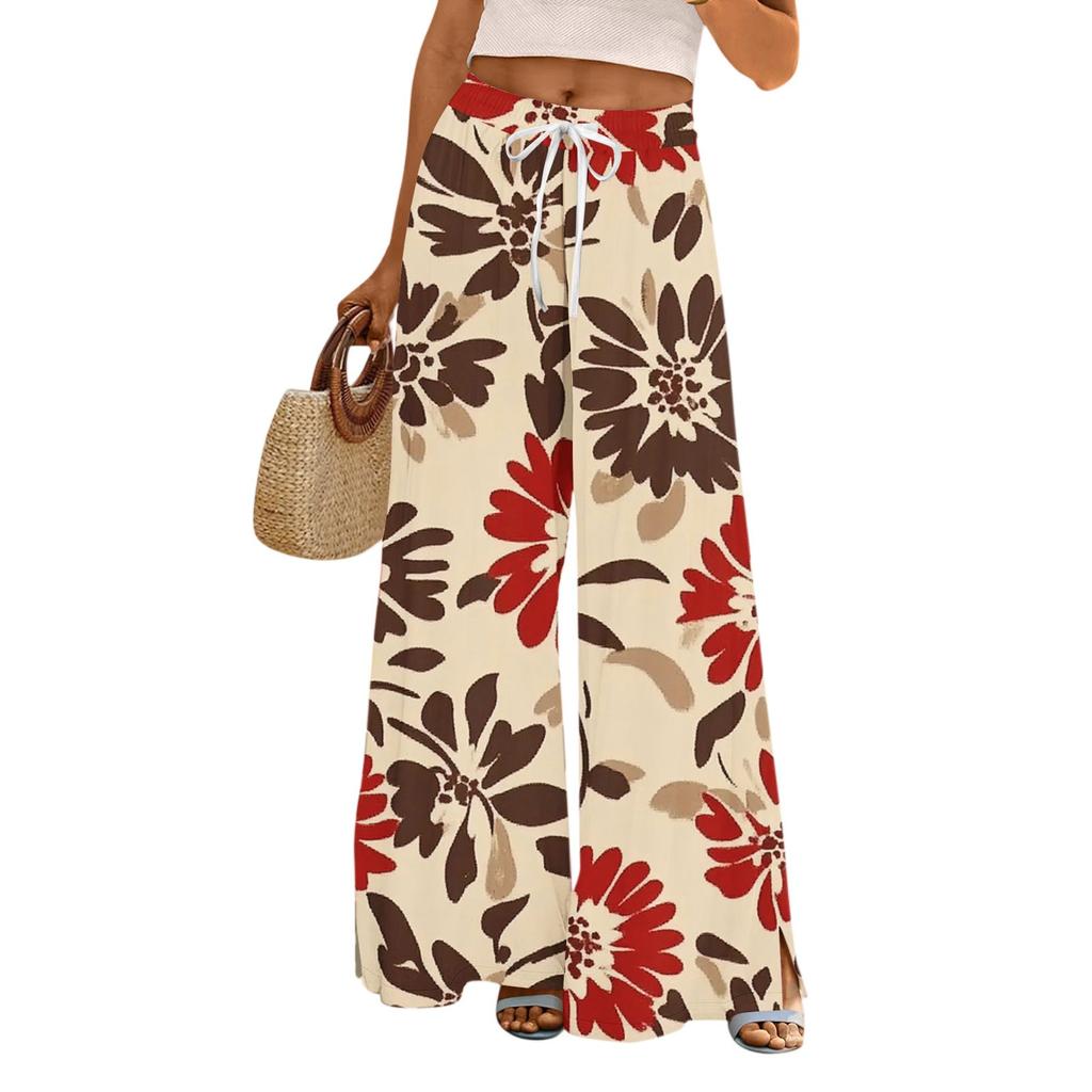 Women's Printed Wide Leg Pants With Pockets High Waist Drawstring Loose Casual Pants