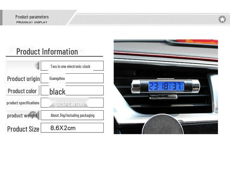LED Backlit Car Air Vent Clip Clock & Thermometer with Time and Temperature Display