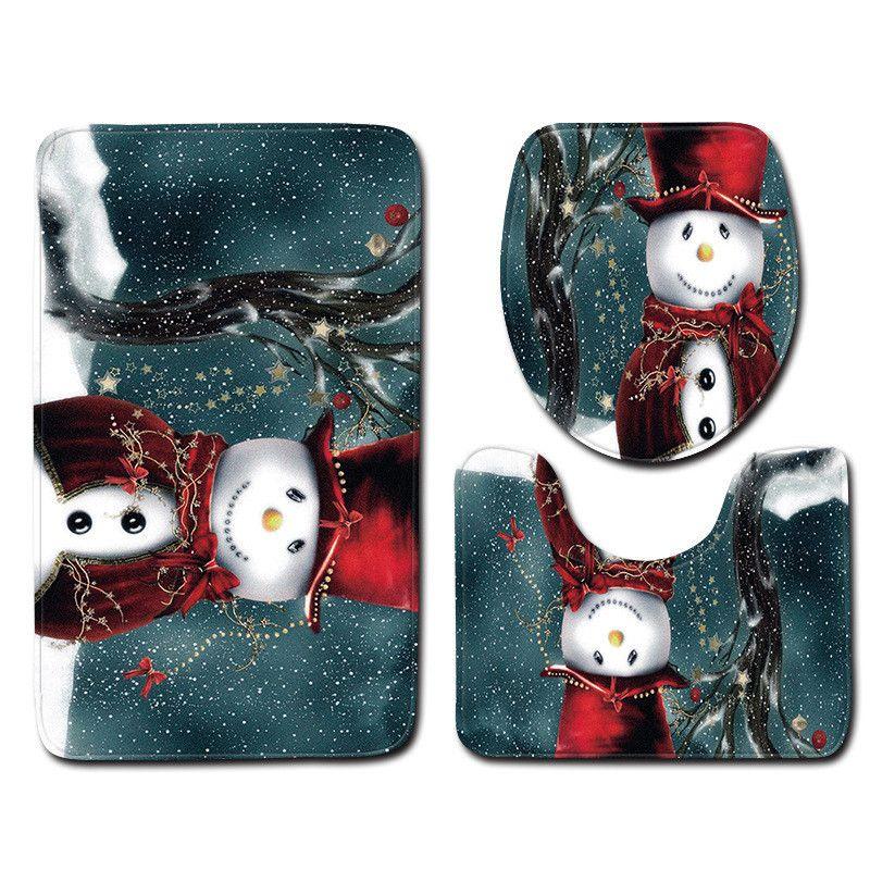 4pcs Shower Christmas Curtain Toilet Cushion Set Cover Mat Pad Rug Xmas Bathroom