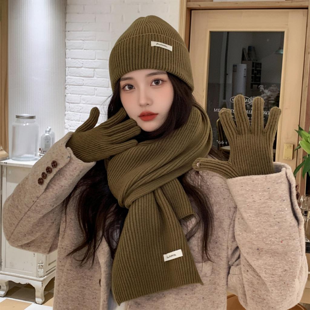 Dreiteiliges Set, Strickmütze, Wollmütze, Strickschal, Handschuhe, Plüsch, Warm, Neujahr, Weihnachtsset