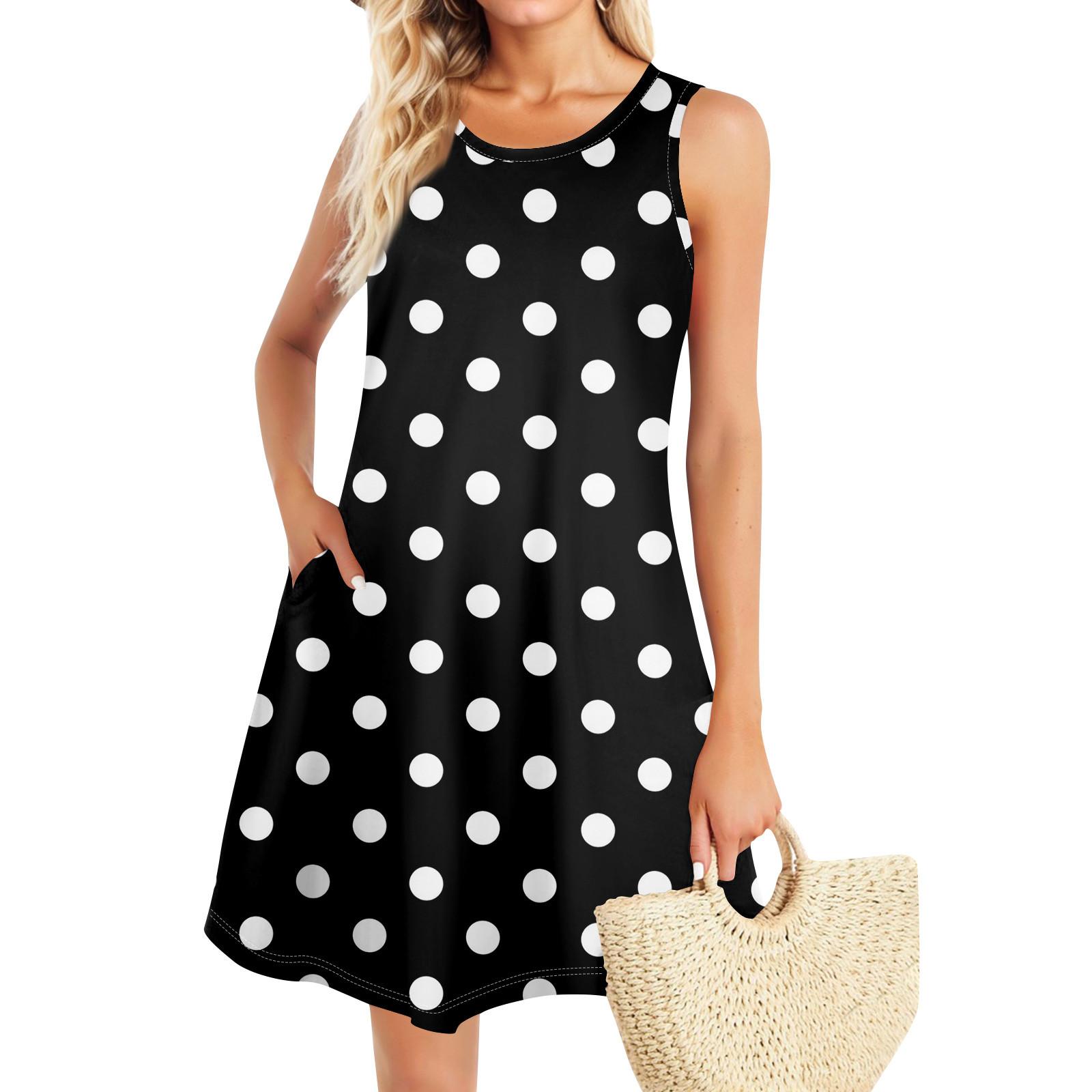 

Летние платья для женщин Пляжный Бохо без рукавов Винтажный принт Футболка с карманами Сарафаны-майки L чёрный