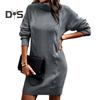 Women Autumn Winter Knitting Dress Turtleneck Long Sleeve Twist Texture Pullover Mini Dress Solid Color Thickened Warm Loose Dress