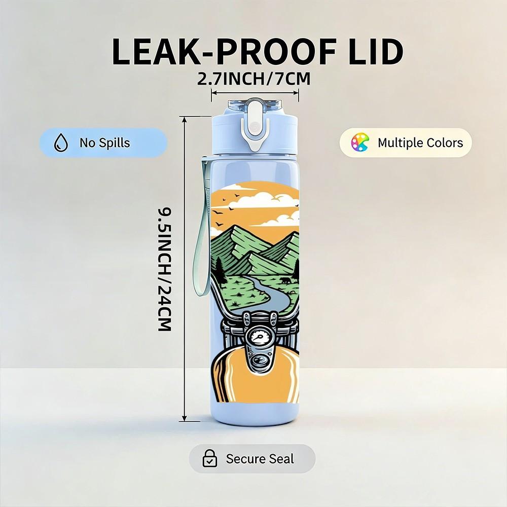 1PC Mountain Biker Rider Retro Character Print 750ml Color Plastic Sports Water Bottle Leakproof Flip Straw Lid Suitable for Sports Office Home Use