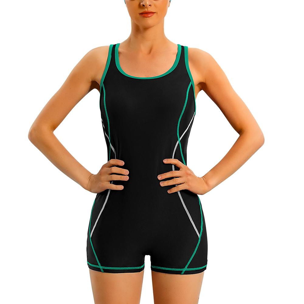 

Anfilia цельный женский спортивный купальник-боксер с открытой спиной, консервативный купальник, лоскутная пляжная одежда, купальный костюм XL зелёный