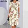 Women's Fashion Summer Spring Flower Pattern Print Short Sleeve O-Neck Loose Waistline Casual Dresses