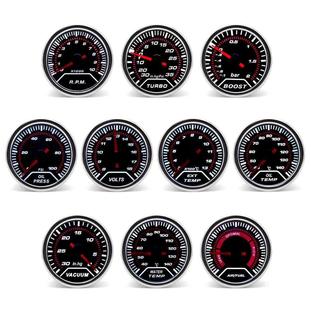 12V 52mm Racing Car Gauge 12V LED Smoke Len -1~0~2 BAR Turbo Boost Gauge Tachometer Water Temperature Meter Oil Pressure Gauge