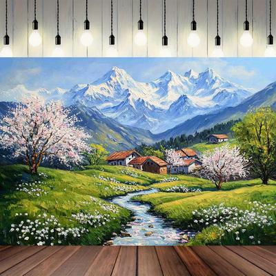 1pc 2D Flat Banner, Spring Mountain Landscape Background, Suitable for Photography, Events and Decoration, No Power Required, Ws