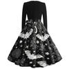 Women's Vintage V Neck Dress Halloween Print Long Sleeve Casual Retro Style Dress with Flared Skirt and Waist Tie for Seasonal Wear