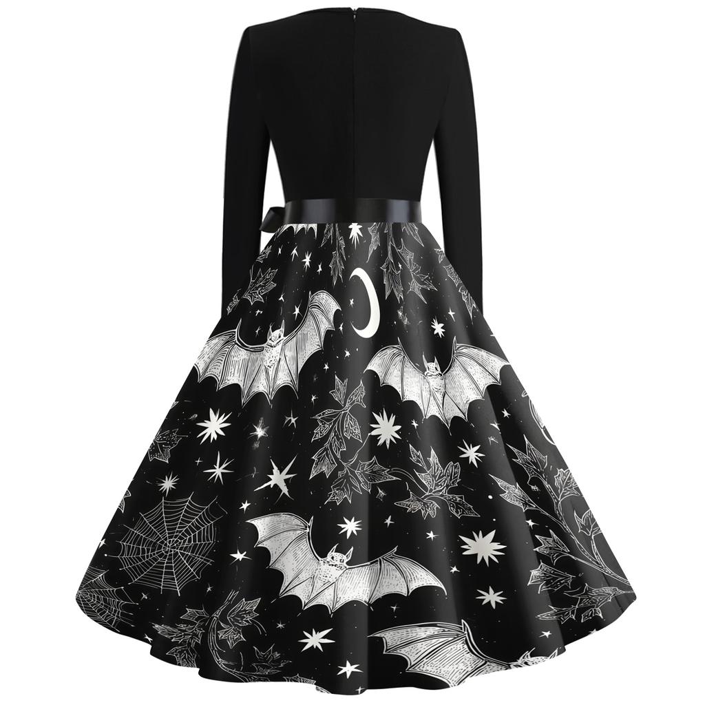 Women's Vintage V Neck Dress Halloween Print Long Sleeve Casual Retro Style Dress with Flared Skirt and Waist Tie for Seasonal Wear