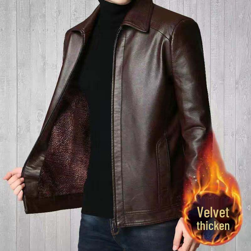 Haining Men's Real Leather Jacket - Middle-Aged and Elderly Spring Autumn Business Casual Fleece-Lined Coat