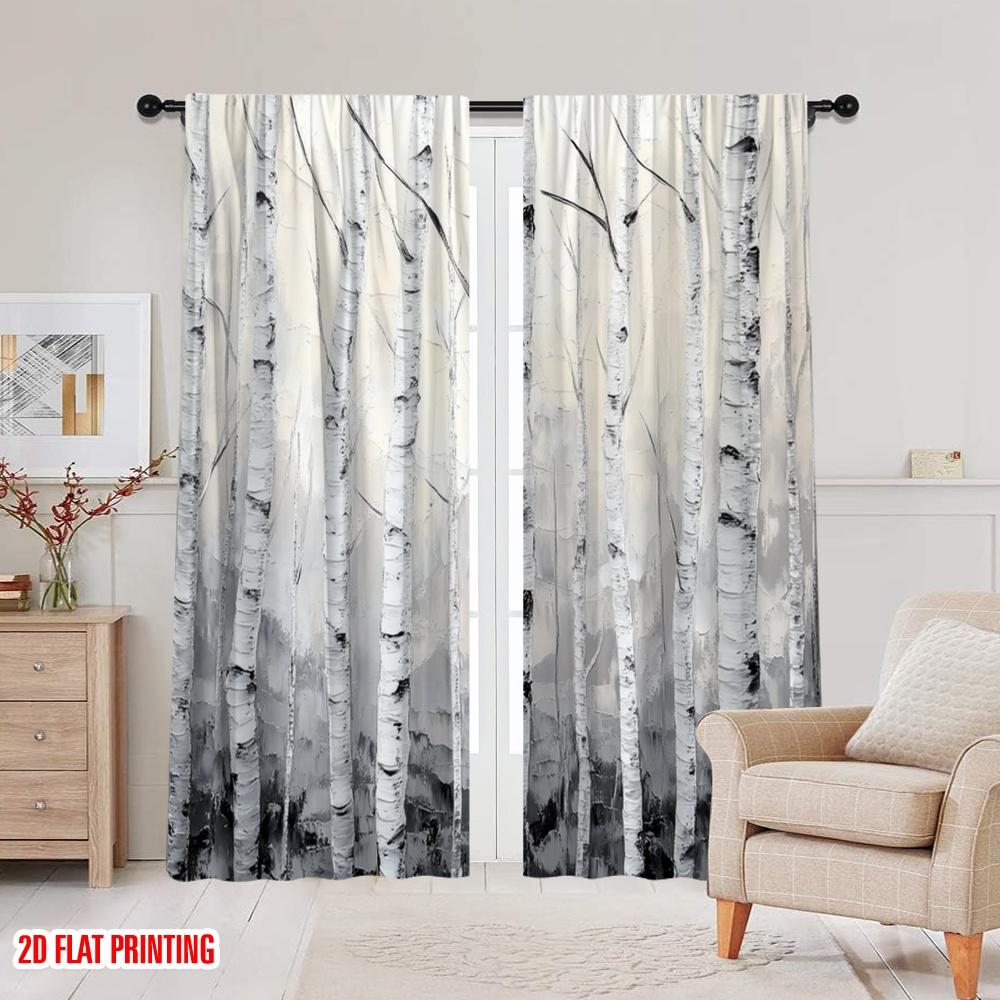 2pcs,2D Plane Printing Curtains&Window Treatment Birch Forest Essence Versatile 100% Polyester (without Rod) Decorations For