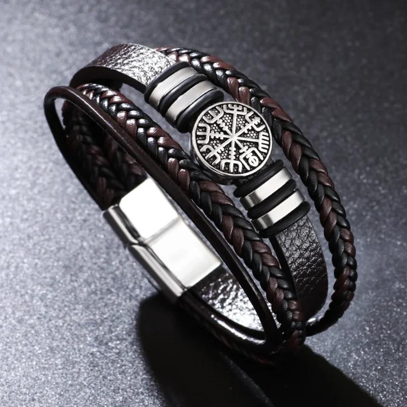 Trendy Norse Viking Men Bracelet Fashion All-match Multi-layer Braided Leather Bracelets Scripture Compass Birthday Party Gifts