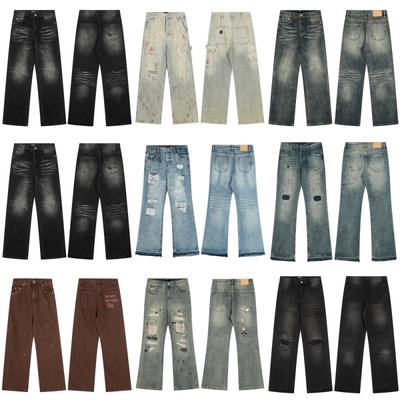 Męskie jeansy straight fit z przetarciami, haftem, średnim stanem, washed out, mieszanka bawełny, streetwear, spodnie codzienne