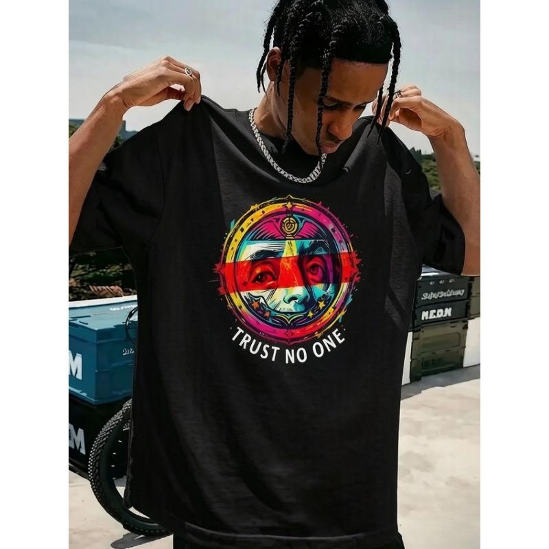 European Size Men Oversized Graphic Tee, Vintage Distressed Print, Bold Eye Art "Trust No One" Slogan, Streetwear Casual Short Sleeve T-Shirt